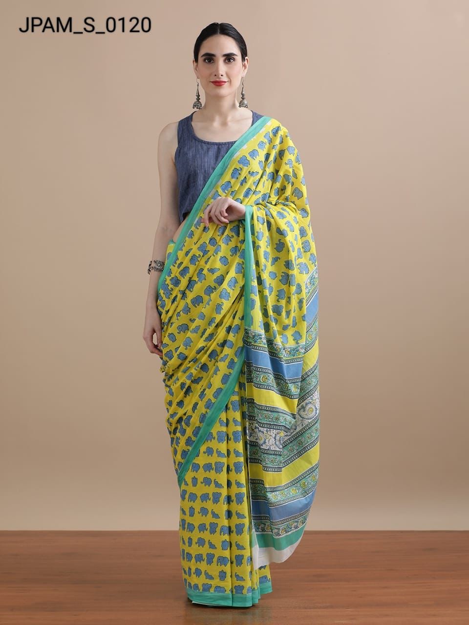 Cotton mulmul handblock printed saree wholesale in lime floral pattern